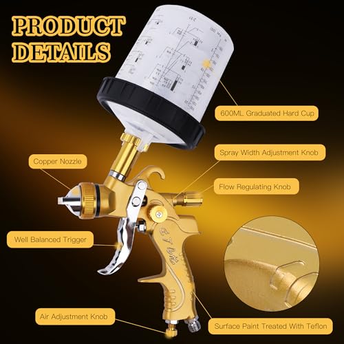 Image of HVLP Spray Gun with 10Pcs 600ML Disposable Paint Cups, Automotive Gravity Feed Paint Spray Gun Kit with Air Compressor Regulator for Auto (Black) (Yellow)