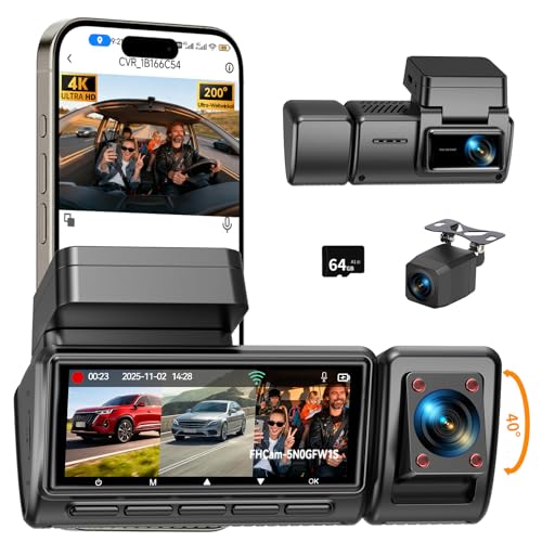 CARTSDOII Dashcam Auto,3 Kanal Vorne Hinten Innen 4K+1080P+1080P Dash Cam,490°Weitwinkel-Rundumschutz,Auto Kamera mit 64GB SD Karte,3.16\",Nachtsicht,WDR,WiFi,G-Sensor,Loop-Aufnahme,24H Parküberwachung