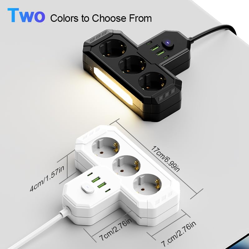 Steckdosenleiste 7-in-1 mit Überspannungsschutz, 3 AC-Steckdosen, 2 USB 2.0 Typ-C-Anschlüsse, 2500W, 10A, für Zuhause, Büro und Reisen (Weiß)