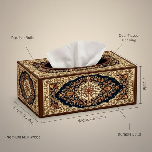 Image of Blue Ivory Persian Motif Printed Wooden Tissue Box Holder Premium Rectangular Tissue Box Cover for Home & Office Use 6.5x5x3 Inch