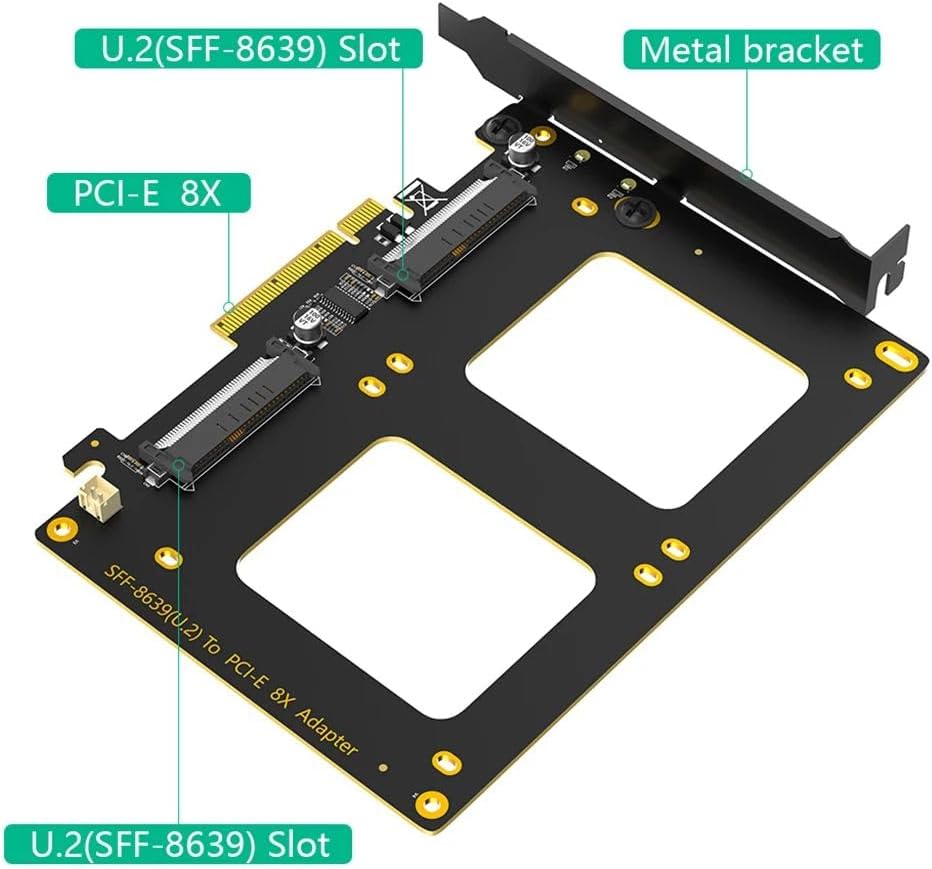Dual U.2 SSD to PCIe 4.0 X8 Adapter Card SFF-8639(U.2) to PCI-E 4.0 8x Adapter Support X4X4X4X4 or X4X4X8 or Hyper M.2 X16 Mode