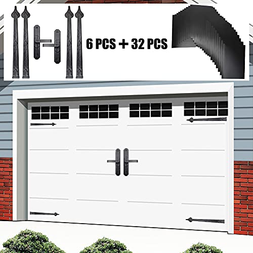 Gulrear Garage Door Magnetic Decorative Hardware Kit,6Pcs Black Door Hinges Handles And 32Pcs Garage Door Windows Inserts,Magnetic Garage Door Decorative Hardware,Faux Hinges Curb Appeal Garage Door Decor Kit cover
