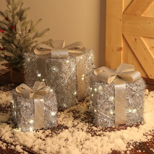 Garveehome Set of 3 Christmas Lighted Gift Boxes, Pre-Lit Gift Present Boxes with Ribbons and Bows, Light Up Xmas Ornaments for Indoor Outdoor Christmas Tree, Home, Yard, Lawn, Silver
