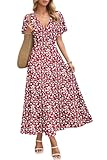 AUSELILY Maxikleider Damen Sommer Kleid Lässig Hohe Taille Lockere Passform Mit Taschen Rote Blumen L