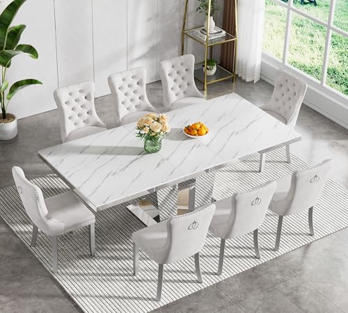 Image of 9-Piece Extendable Dining Table Set for 8, Modern 63 inch-94 inch White Faux Marble Expandable Kitchen Table Set with 8 Velvet Chairs, Large Extendable Dining Room Tables with Mirrored Columnar Base