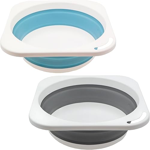 Fregadero portátil plegable de 5 L (1.4 galones), juego de 2, sartén de cocina, ahorro de espacio para dormitorio, campamento, pesca, viajes y baño