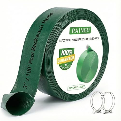 USTAR 3 x 100 FT Pool Backwash Hose Heavy Duty Pool Drain Hose Reinforced 3-Layer PVC Lay Flat Discharge Hose with Clamps High Pressure Burst Proof Weather & UV Resistant Sump Pump Drain Hose