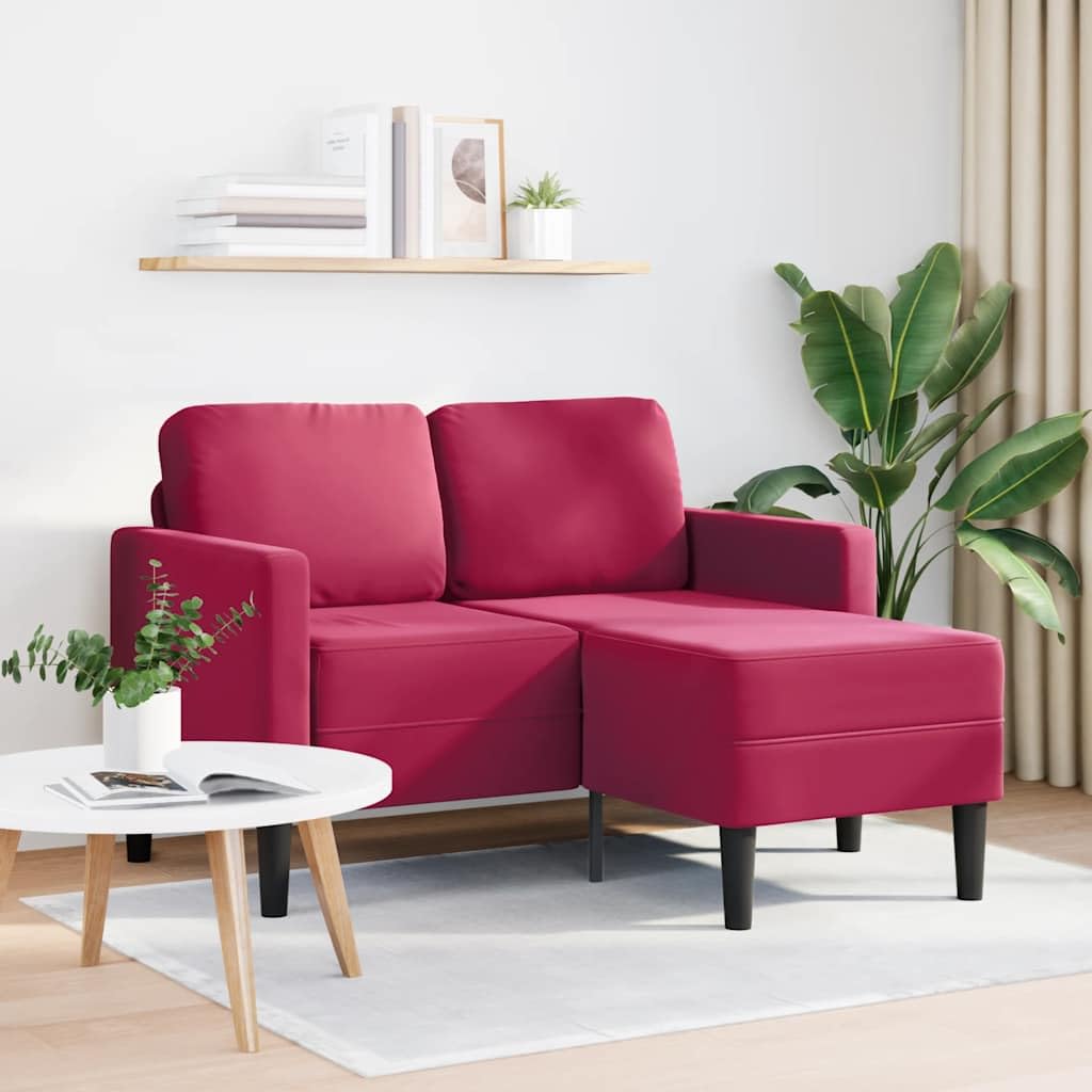 Sofá de 2 plazas con chaise longue en forma de L, color rojo vino, 125 cm, terciopelo y patas de metal, sofá de salón acogedor