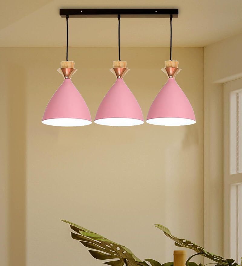 Image of Triple Dome Pink Aluminium Hanging Pendant Light Drop, Antique Modern Ceiling Lamp, E-27 Holder (Bulb is not Included) 3 Light Linear Set