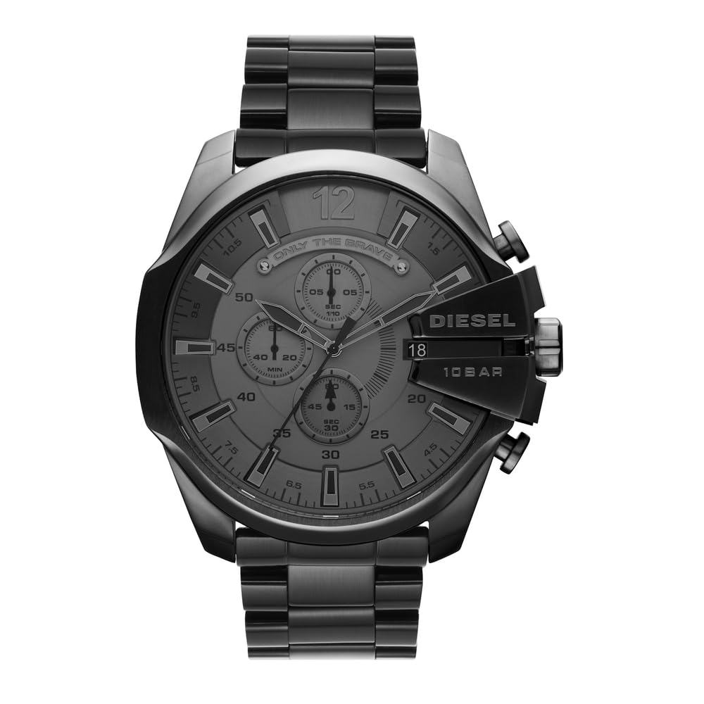 Diesel Hombre Mega Chief Gris Acero Inoxidable Reloj y Negro Pendientes, Set