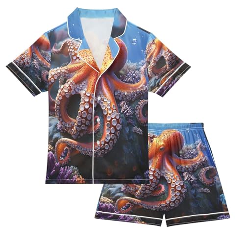 ALAZA 3d Octopus Ocean Sea Satin Pajamas Set Short Sleeve Button Down Sleepwear Summer Pjs 2 Piece