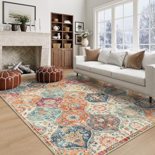 Lahome Moroccan 5x8 Area Rug, Ultra-Thin Washable Rugs for Living Room Bedroom, Soft Large Oriental Non-Slip Non Shedding Throw Large Carpet for Dining Room Office, Cream/Multi