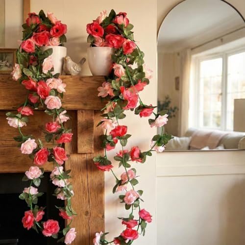 Image of Dekorly Artificial Hanging Garland with Pot - 100cm Rose Vine, 10cm Decorative Pot for Table, Shelf & Wall Decor (2)