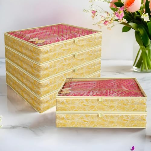 Image of Kuber Industries Clothes Organizer For Wardrobe (Pack of 6) - Single Storage Organizer For Saree | Salwar Suit | Lehenga | Clothes - Dress Organizer For Wardrobe - Single Saree Covers With Zip (Gold)