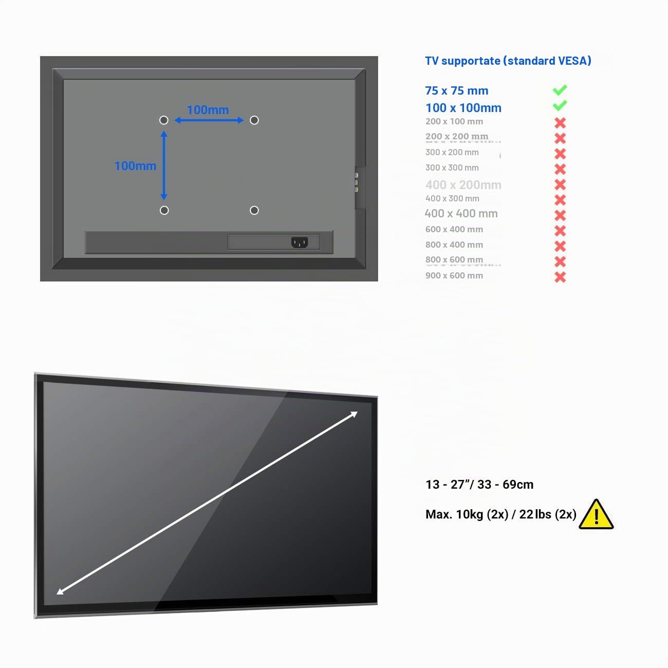 deleyCON Dual Monitor Adattatore per Monitor 13" - 27" Pollici (33-69 cm) e 10kg Ciascuno VESA 100x100 2 Monitor su 1 Braccio di Supporto Scrivania Supporto Attaccamento
