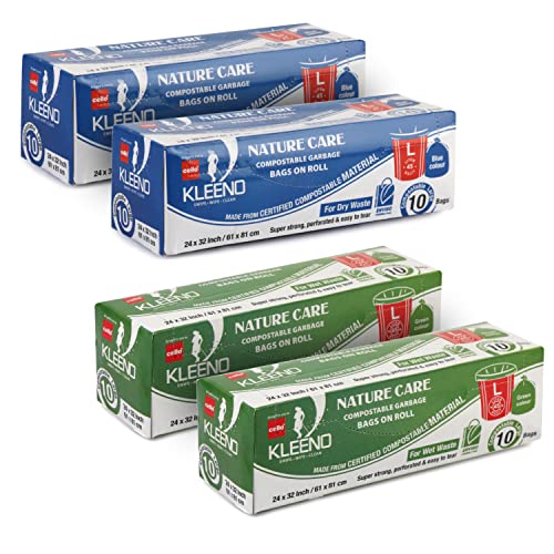 Kleeno By Cello Nature Care Compostable Dry & Wet Garbage Bag Roll Large (45L) (Set Of 4, 10 Bags Each, Blue And Green) For Rs. 194 @ 81 %