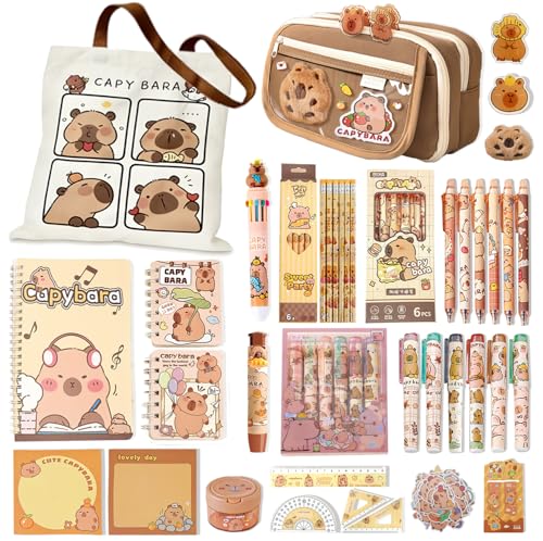 DHUENIOPE Capybara Gifts with Capybara Themed Tote Bag and Stationery Set Pencil Case Sticky Notes Ballpoint Pens Spiral Notebooks Sharpener, Highlighters, Ruler, Eraser for Rewards Birthdays Gift