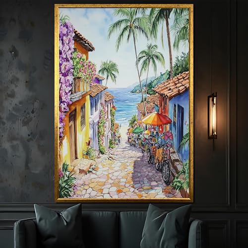 Tableau sur toile rue de plage tropicale aquarelle 40x60cm pour décoration murale