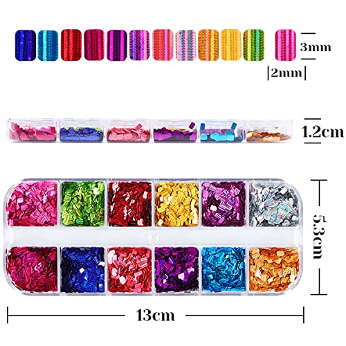 Laser Square Glitter Nail Art Sequins, Holographic 3D 12 Colors Glitter Flakes Design, Rectangle Shape Nail Shiny Supplies for Women Girls Manicure Powder Charms Decorations, DIY Resin Nail Art Tips - Thumbnail 5