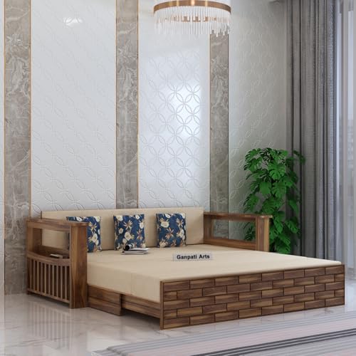 Image of Ganpati Arts Italian Solid Sheesham Wood 3 Seater Sofa Cum Bed with Side Pockets for Storage and Fabric at Back Wooden Sofa Furniture for Living Room Home (Teak Finish)