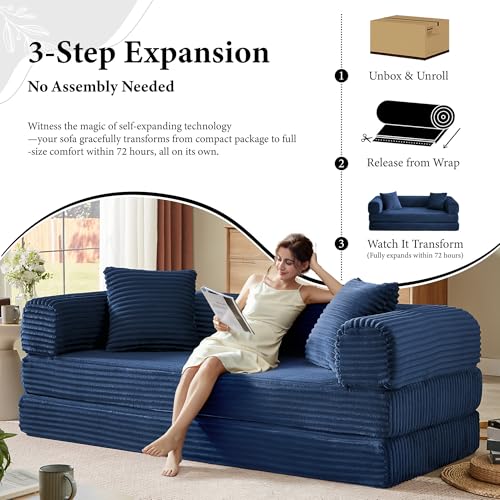 Image of Boneless Couch Futon Sofa Bed Sectional Couches for Living Room,Cloud Couch with Sleeper Sofa,Sofas for Living Room Oversized Corduroy Upholstered (Blue, 76 Inches (No Iron Frame))
