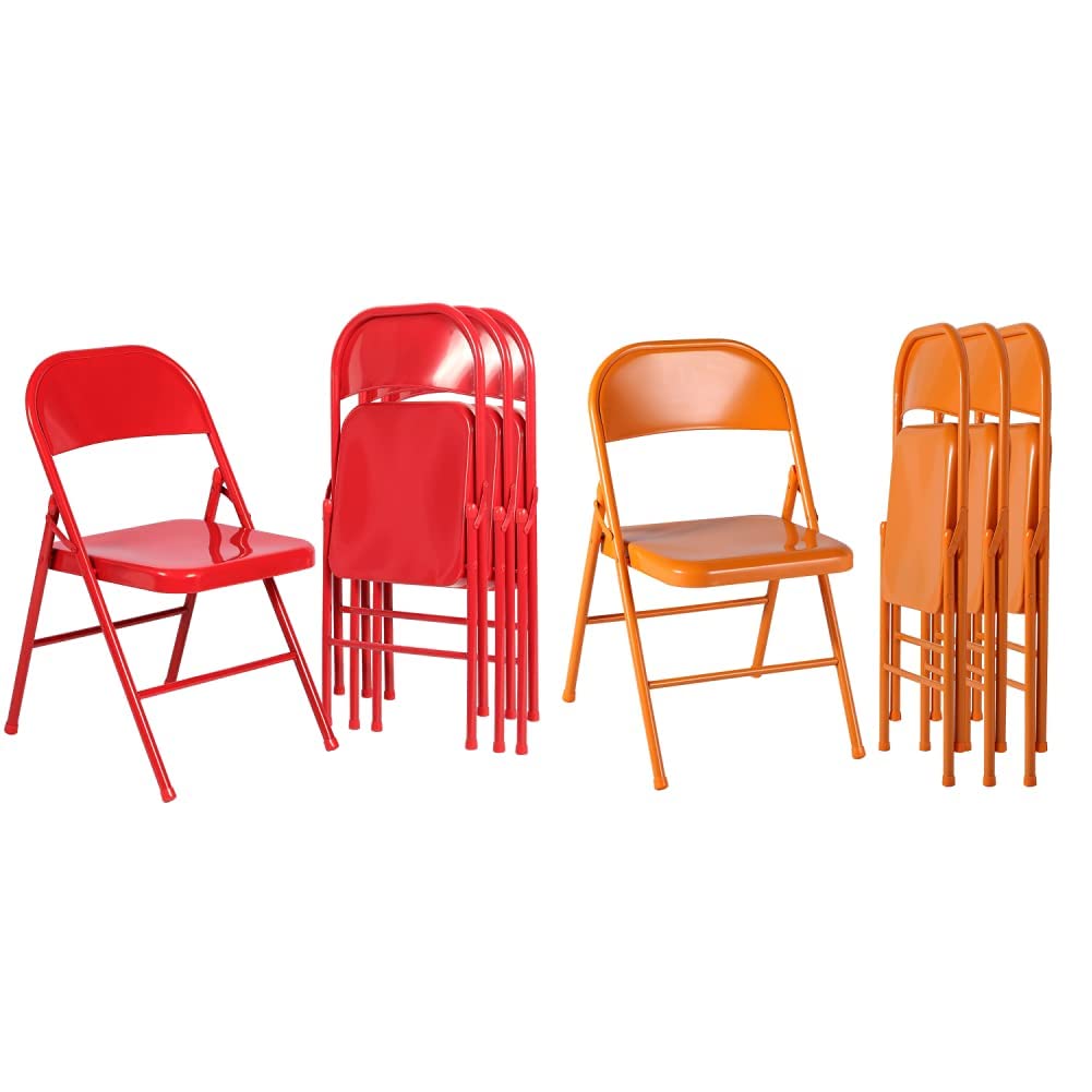 VECELO Metal Frame Steel Folding Mounted Chairs, 350-Pound, Red, 4 Pack & Metal Frame Folding Hold Up to 350 Pounds, Mounted Steel Chairs with Triple Braced & Double Hinged Back, Orange