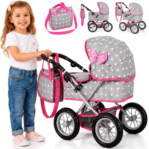 Kinderplay Puppenwagen mit großer Wanne – Höhenverstellbarer...