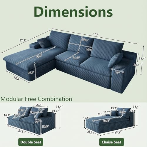 Image of 107 inch Cloud Couch Modular Sectional Sofa for Living Room, L-Shape Boneless Couch with Deep Seat, Modern Corduroy 3-Seater, No Assembly Required (Blue,Left-Facing Chaise)