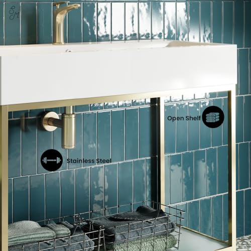 Image of Pierre 40 inch Open Shelf Gold Frame Freestanding Bathroom Vanity with Sink Top