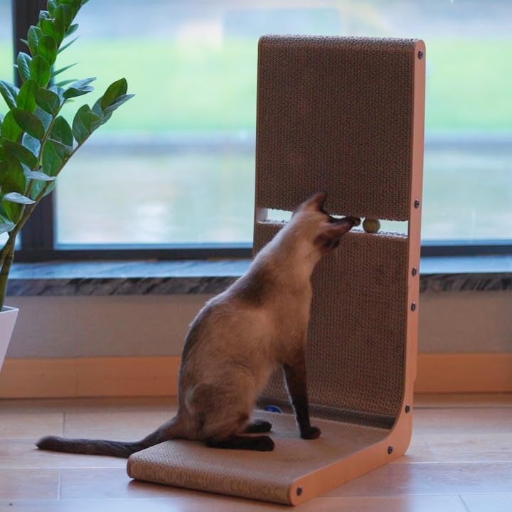 Miniatura 7 de AUSCAT Rascador de cartón para gatos, rascador vertical para gatos de interior, almohadilla para rascar en forma de L de 27.2 pulgadas con dos bolas
