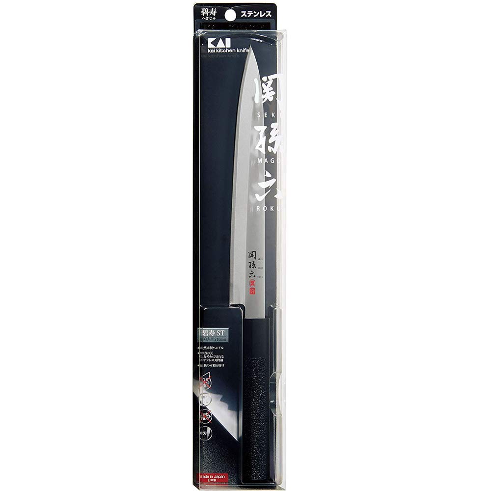 KAI Seki Magoroku Kinju et Hekiju Yanagiba gaucher 21,0 cm de longueur de lame - 8A solide & SUS420J2 - 58 & 56 (±1) HRC - artisanal - Pakkawood & plastique PP - Couteau à poisson - Fabriqué au Japon