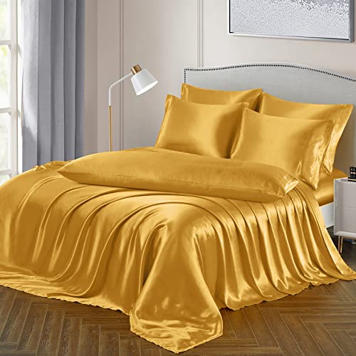 Image of Ersmak 7 Pieces Satin Sheets Set King Size, Luxury Silky Gold Satin Bed Sheets Set with 1 Deep Pocket Fitted Sheet, 1 Soft Flat Sheet, 4 King Pillowcases and 1 Body Pillowcase