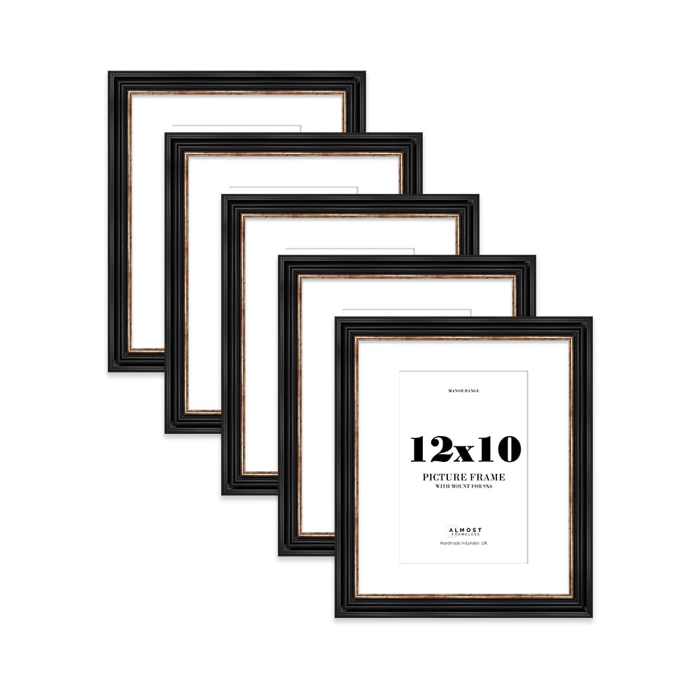 12x10 Black and Gold Picture Frame - 12x10 Frame with 9x6 Mount for 12x10/9x6 Pictures Vintage Style Room Decor, 5 Pack