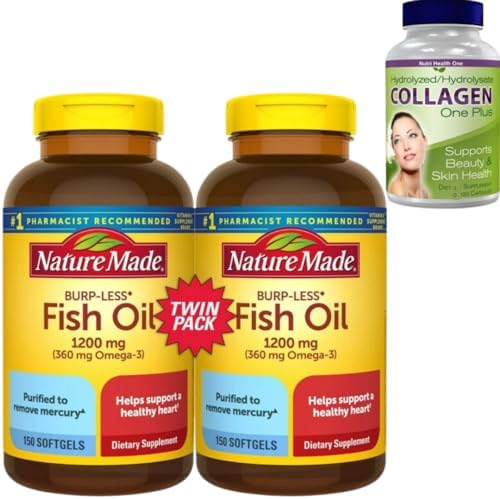 Beauty Bundle: Nature Made Burp Less Omega 3 Fish Oil Softgels – 1200 mg Omega 3 Supplement for Heart Health, 150 Softgels, (2-Pack) + Collagen One Plus 30 Caps