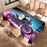 PKRD Blauer Tischläufer, Reiter auf neonbeleuchtetem Motorrad, elastische Kanten, rote Tischdecke, Ostertischdecke