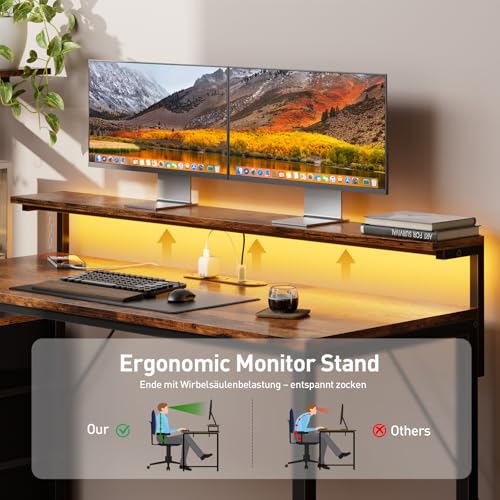 Image of HLDIRECT 44 inch Gaming Desk with 3 Fabric Drawers & Side Hooks-Reversible Home Office Computer Desk with Power Outlets & Led Lights, Gamer Desk Table with Monitor Stand, Rustic Brown