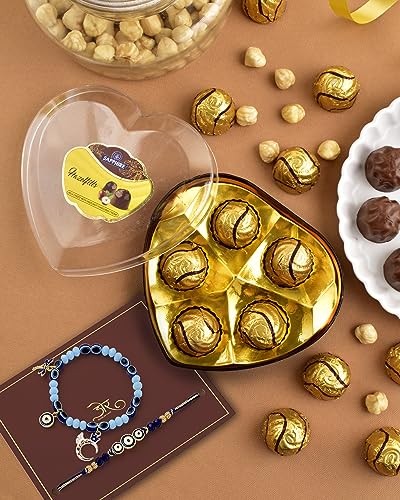 Image of HYPERFOODS Bhaiya Bhabhi Rakhi Set With Chocolate Evil Eye Rakhi For Brother Chocolates Gift Pack Rakhi With Chocolates Sapphire Hazelfills 5Pcs Bhaiya Bhabhi Evil Eye Rakhi Set,210 G