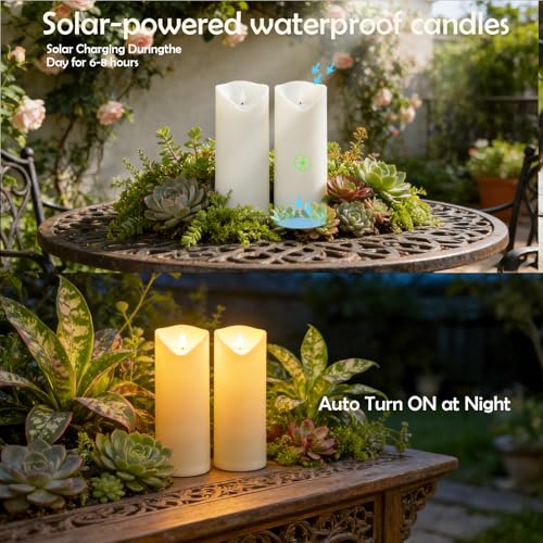 Image of Nimiko Solar Outdoor Waterproof Flameless Candles - 2 Pack Solar & Battery Operated LED Candles, White (D4 x 10 inch /10 inch /Pairing) for Garden, Patio, Outdoor Decoration