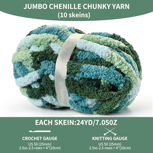 Image of 10 Pack Jumbo Chunky Yarn for Hand Knitting, Fluffy Variegated Chunky Chenille Yarn for Crocheting, 240yds /70.5oz Super Bulky Soft Crochet Baby Blanket Yarn(Tea-Mint-Green)