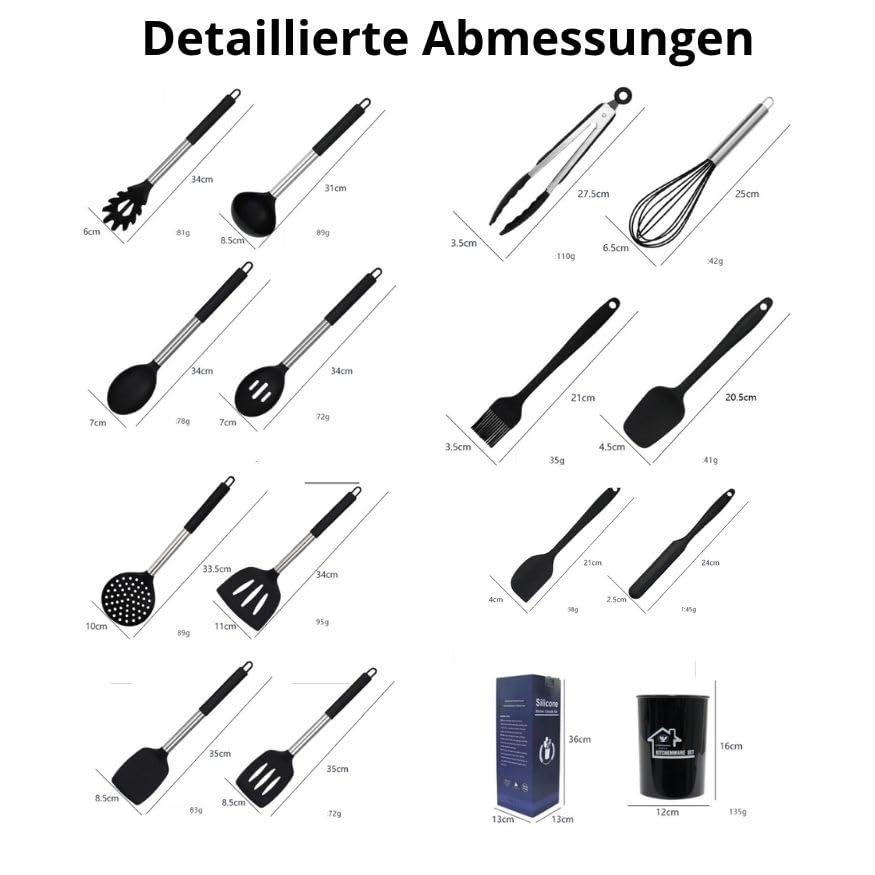 TINA&CO 15-teiliges Silikon-Kochgeschirr-Set mit Edelstahl-Griff, hitzebeständig, antihaftbeschichtet, große Pfannenwender, spülmaschinenfest (rot)