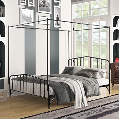 Fiveshow Queen Size Detachable Queen Anti-Noise Metal Canopy Bed, Black Metal 4 Poster With Headboard And Footboard, No Box Spring Required, Black 83.86" L X 60.43" W X 71.65" H #TOP2