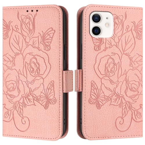Étui iPhone 12 rose avec porte-cartes et dragonne en cuir PU fin antichoc