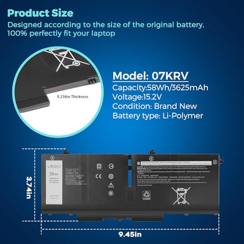 Image of 07KRV Battery Replacement for Dell Latitude 5530 5430 Precision 3570 P137P P104F Y86WG M69D0 P137G004 P137G005 P137G006 H4PVC 078FWY 4FVJG 3625mAh 58Wh 15.2V Li-Polymer
