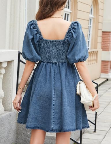 Denim Dress Babydoll Jean Square Neck Puff Sleeve Casual Country Concert Dresses with Pockets for Women 20253