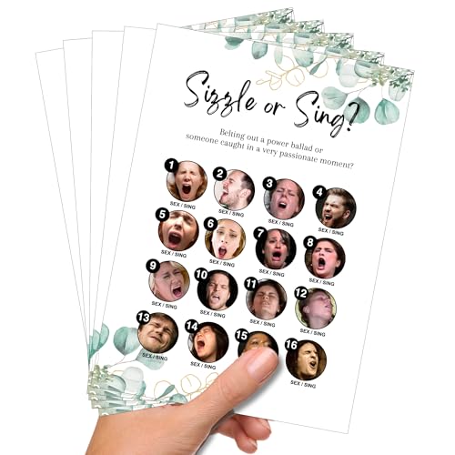 Sizzle or Sing Hen Party Game – Funny Face Guessing Game for Bridal Showers & Bachelorette Nights – Portable A5 Cards – Eucalyptus Design – Sets of 5–30 (10 Pack for 10 Hens) Sizzle or Sing Hen Party Game – Funny Face Guessing Game for Bridal Showers & Bachelorette Nights – Portable A5 Cards – Eucalyptus Design – Sets of 5–30 (10 Pack for 10 Hens)