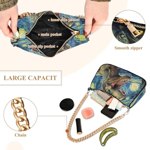 Roar Dinosaur Starry Night Clutch Handbags Womens Ladies Shoulder Bag Floral Crossbody Purse Zipper Closure Chain Strap4