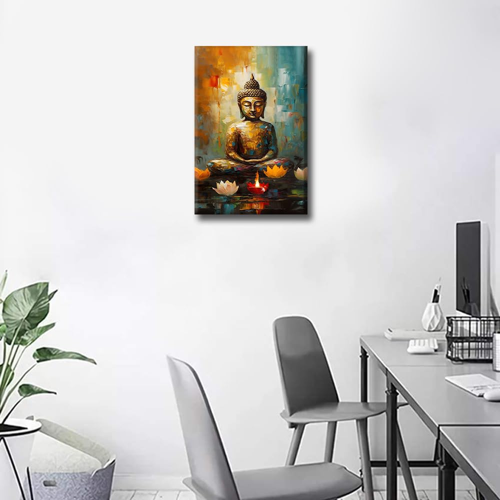 TISHIRON Buddha Home Decor Posters & Prints Altar Lamp that Burns Day and Night Wall Art for Living Room 1 Pieces Lotus Pictures Kitchen Wall Decor Stretched and Framed Ready to Hang (16" Wx24 H) - Image 3