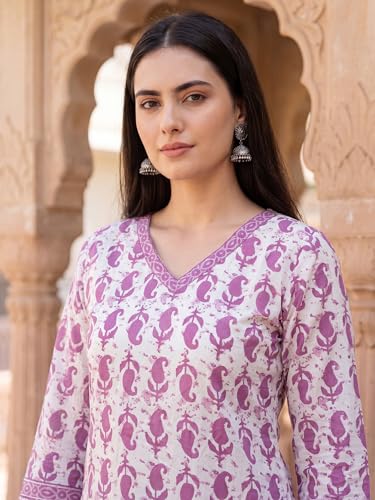 Image of INDO ERA Women's Pure Cotton Printed Straight Kurta & Pant with Dupatta Set