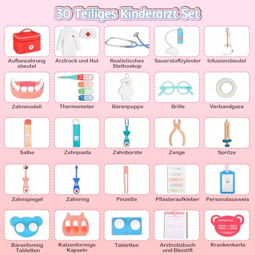 Charmofun Arztkoffer Kinder Holz, Zahnarzt Spielzeug mit Echt Stethoskop, 30-teiliges Doktorkoffer mit Arztkittel Thermometer Spritze, Arzt Rollenspiele Spielzeug ab 3 Jahren