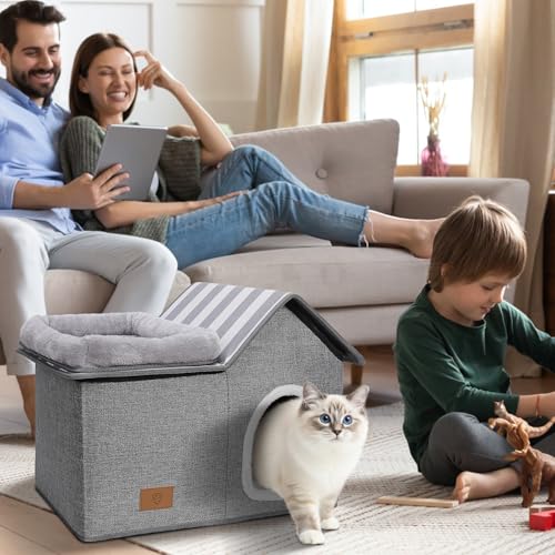 Eukue Katzenhaus, Warm Katzenhöhle Outdoor, Abnehmbar Hundehütte mit Waschbarem Kissen und Plattform, Katzenhöhle für Draußen, Katzenhaus Höhle für Kleine und Mittlere Haustiere, Grau